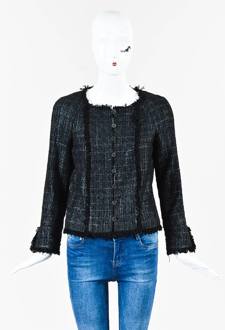 Size: 36 (FR)
Color: Black,Gray,
Made In: France
Fabric Content: Exterior: Cotton, Other; Lining: Silk, Spandex

Item Specifics & Details: Coated tweed jacket featuring crystal encrusted buttons down front, fringe trim, two front pockets, and split