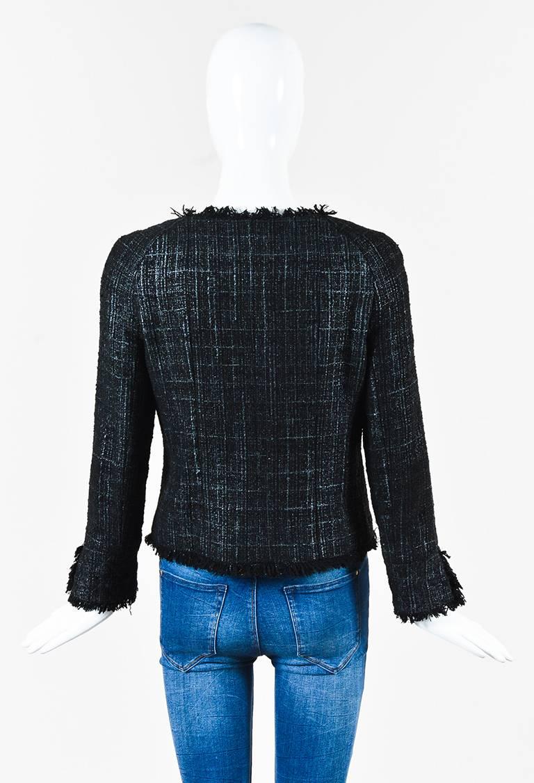 Chanel Autumn 2005 Black & Gray Coated Tweed Fringe 'CC' Button Jacket In Excellent Condition For Sale In Chicago, IL