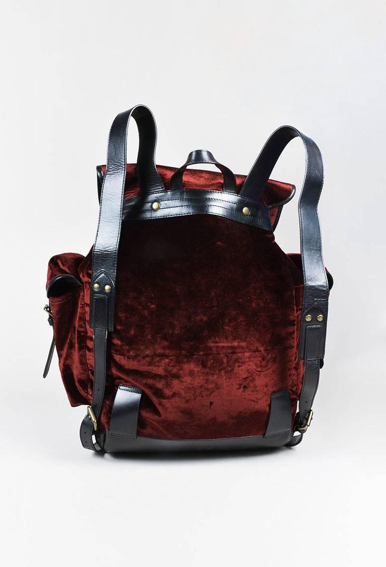 Dries Van Noten NWT Burgundy Black Velvet Leather Trim Drawstring Backpack Bag In New Condition For Sale In Chicago, IL