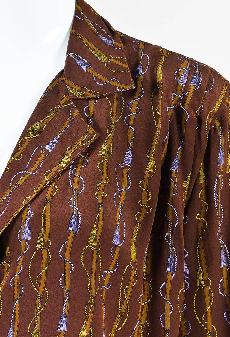 Vintage Gucci Brown Purple Yellow Silk Tassel Print LS Button Up Blouse SZ 42 In Excellent Condition For Sale In Chicago, IL