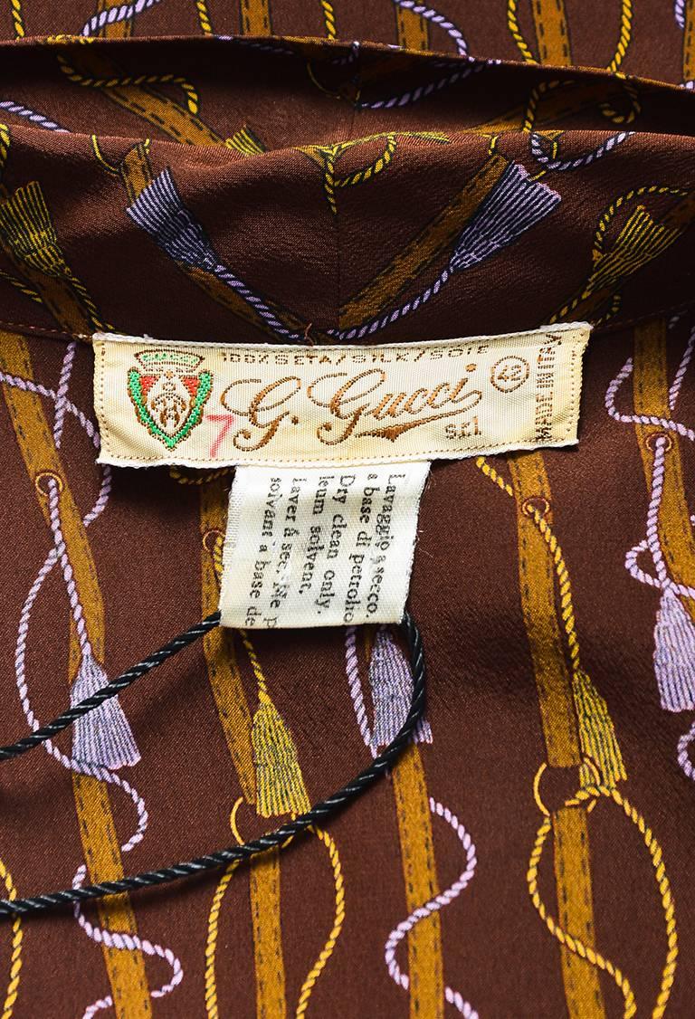 Women's Vintage Gucci Brown Purple Yellow Silk Tassel Print LS Button Up Blouse SZ 42 For Sale