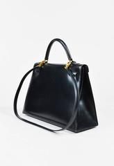 Hermes Vintage "Kelly" Black Box Calf Leather 32 cm Flap Bag