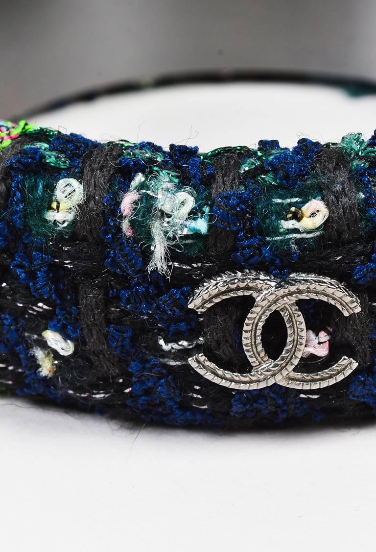 Women's or Men's Chanel 13A Green Navy Multicolor Woven Tweed 'CC' Bangle Bracelet For Sale