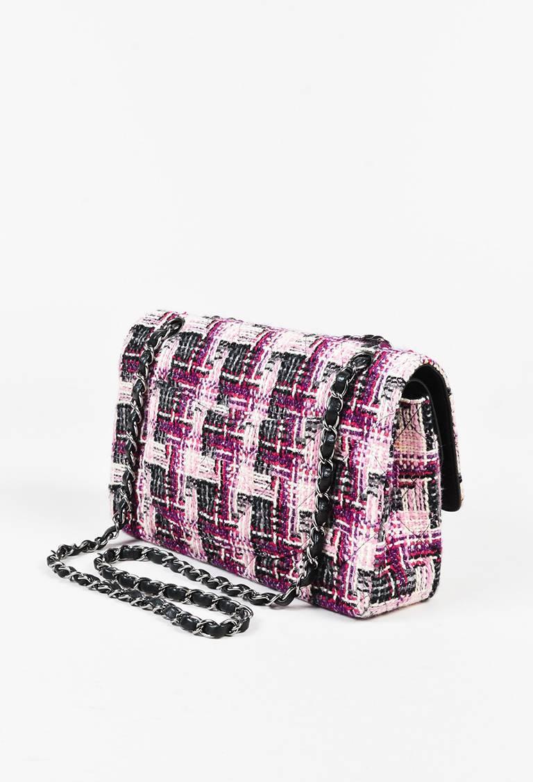 Pink and multicolor quilted plaid tweed and black leather trim 