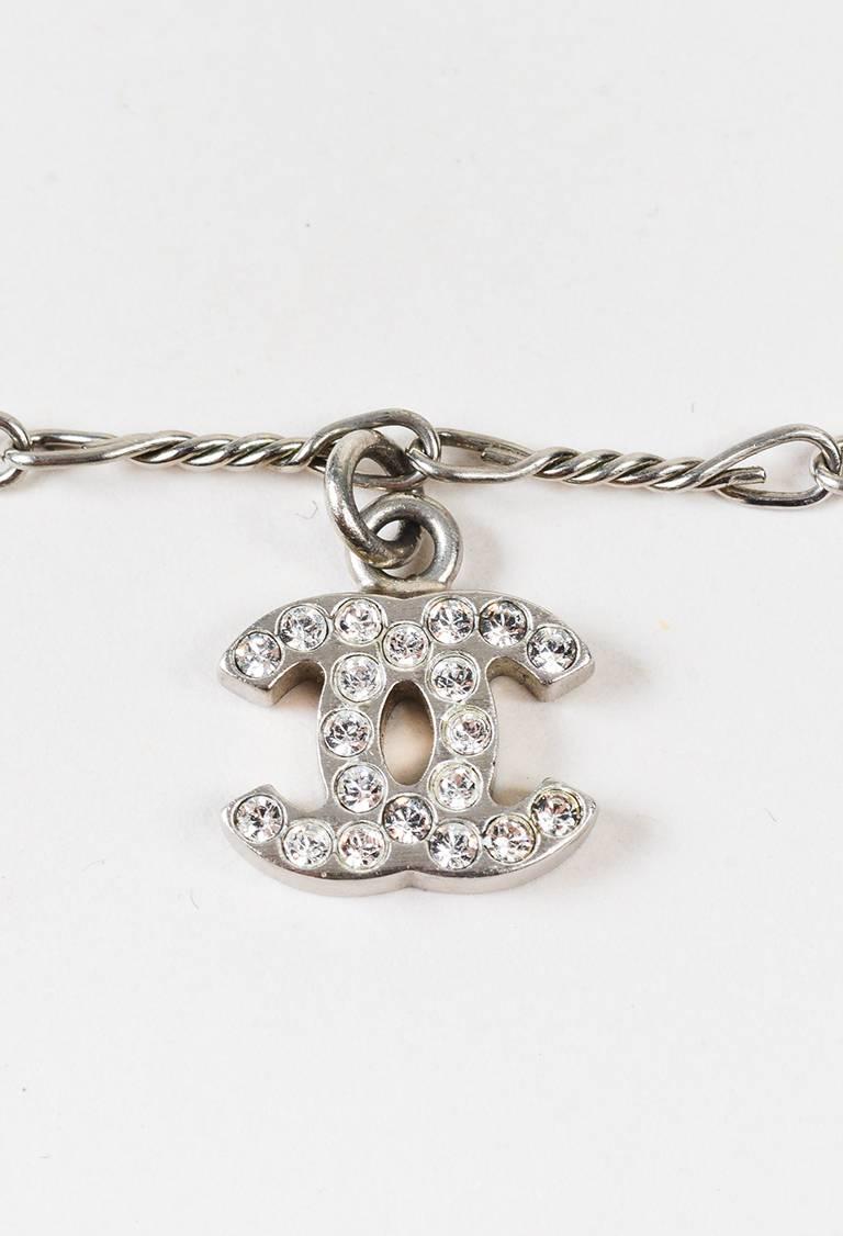 Chanel Silver Metal Crystal 'CC' Charm Thin Chain Link Necklace In Good Condition For Sale In Chicago, IL