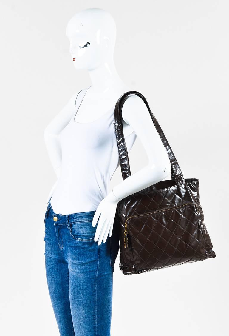 Vintage Chanel Brown Patent Leather Quilted Shopper Shoulder Tote Bag For Sale 5