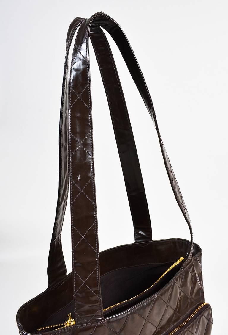 Vintage Chanel Brown Patent Leather Quilted Shopper Shoulder Tote Bag In Excellent Condition For Sale In Chicago, IL