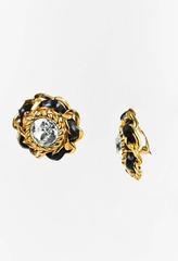 Chanel Vintage Gold Tone Black Leather Crystal Clip Earrings