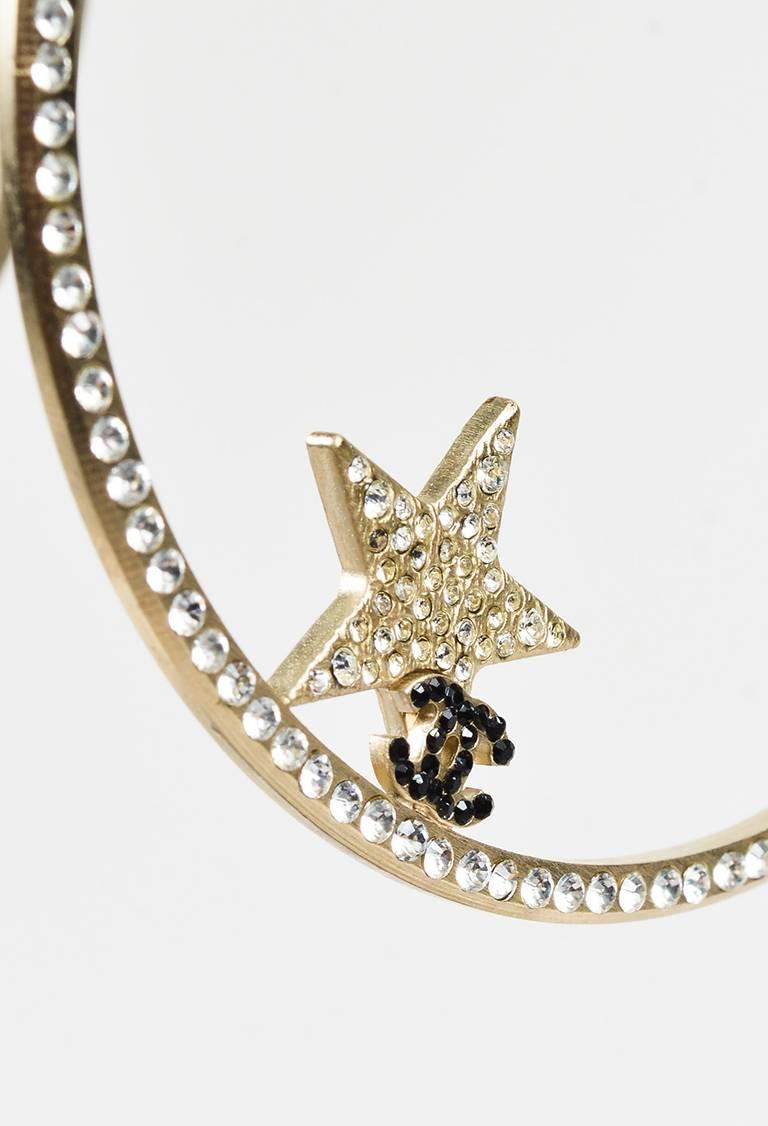 Women's Chanel 08P Gold Tone Crystal Embellished Star Moon 'CC' Hoop Earrings For Sale