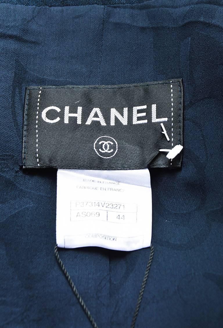 Women's or Men's Chanel Navy Blue Linen Embellished Button Crop Military Jacket For Sale