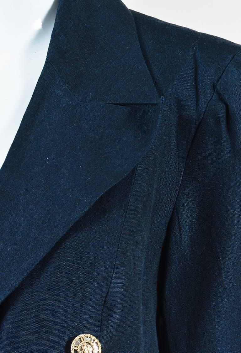 Chanel Navy Blue Linen Embellished Button Crop Military Jacket In Excellent Condition For Sale In Chicago, IL