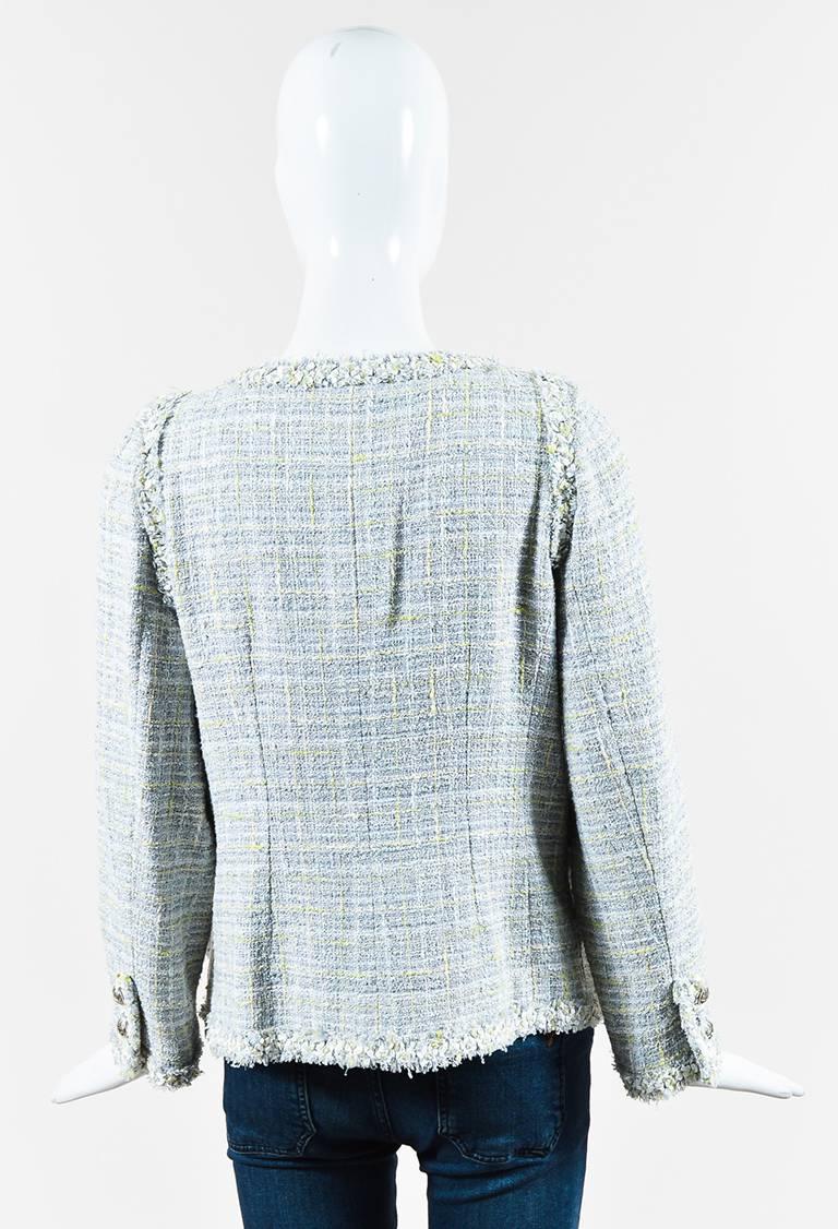 Gray Chanel 09P Blue Tweed Plaid Fringe Trim Button Up Jacket For Sale