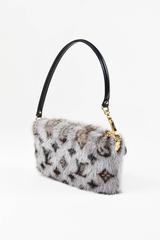 Louis Vuitton Gray Brown Black Mink Fur Monogram "Milla MM" Pouch Wristlet Bag