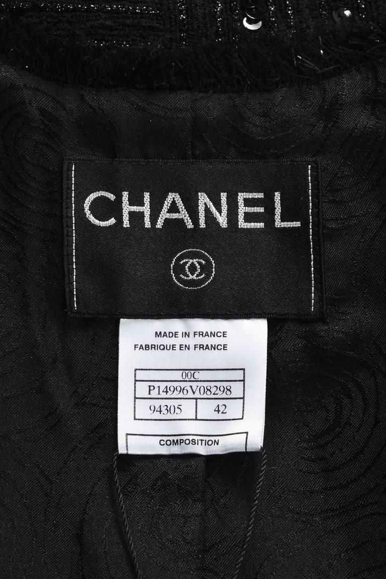 Chanel 00C Black Knit Metallic Sequin Striped Fringe Trim Jacket SZ 42 For Sale 1