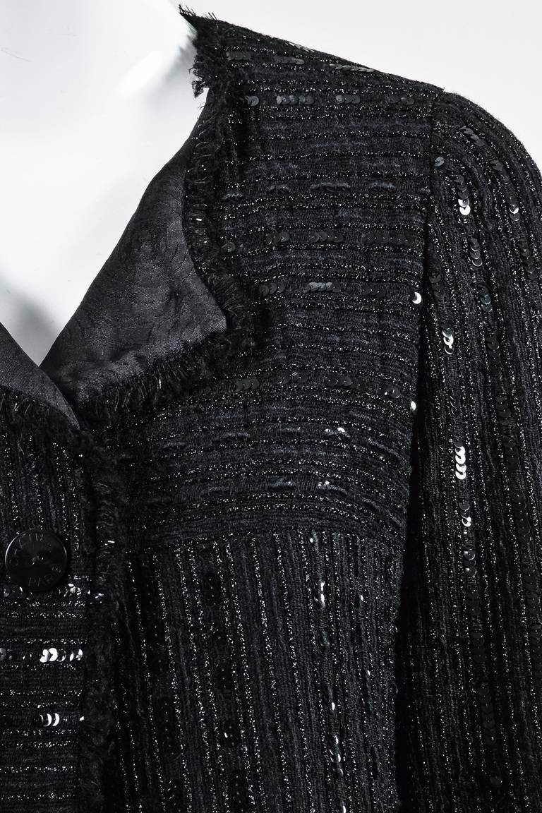 Women's Chanel 00C Black Knit Metallic Sequin Striped Fringe Trim Jacket SZ 42 For Sale