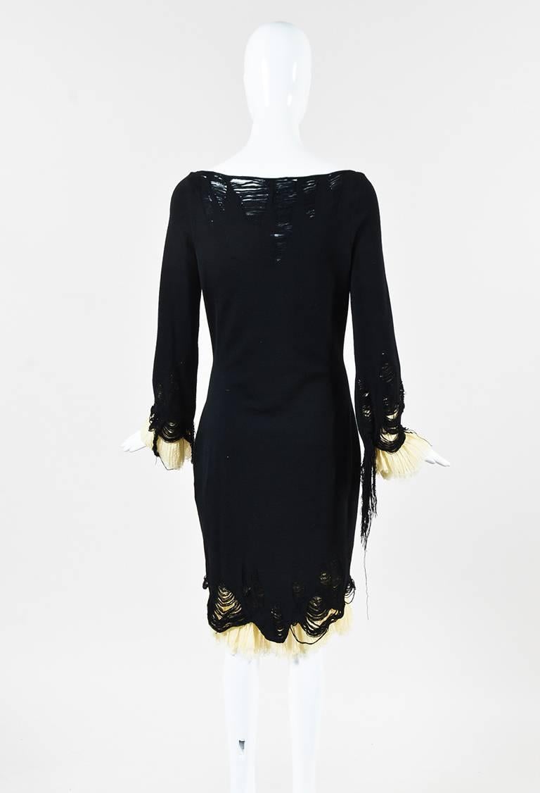 Alexander McQueen RUNWAY Black & Cream Wool & Silk Distressed Knit Dress SZ L In Excellent Condition For Sale In Chicago, IL