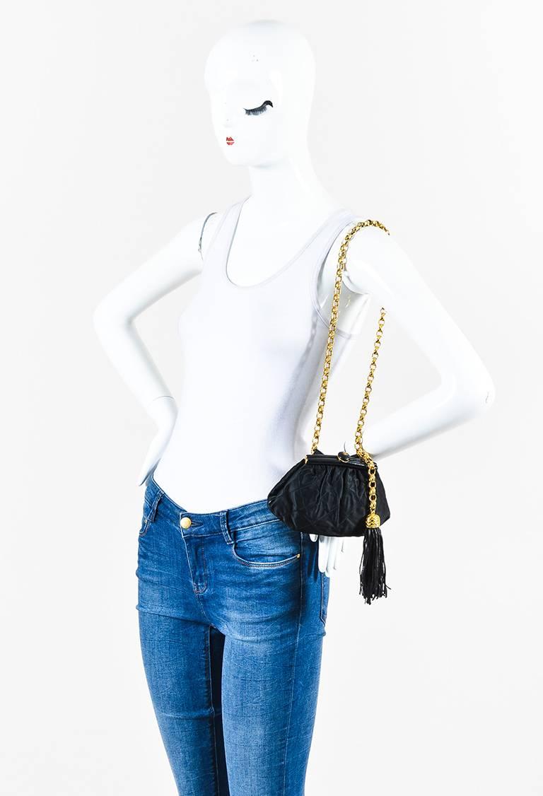 Chanel Vintage Black Satin Quilted Fringe Belt Bag For Sale 6