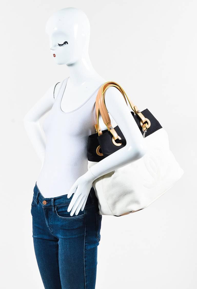 Chanel Cream Black Canvas Leather Handle Nautical Tie 'CC' Satchel Bag For Sale 4