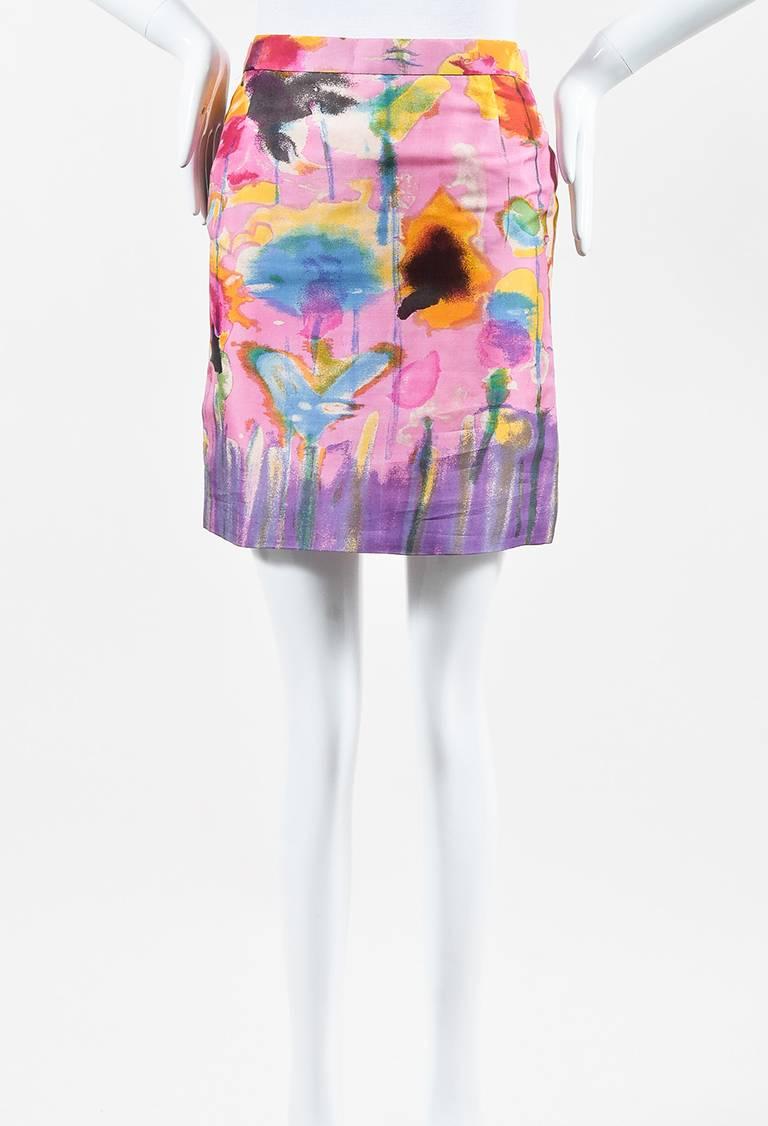 Brown VINTAGE Christian Lacroix Pink Multicolor Silk Printed Pencil Skirt SZ 38 For Sale