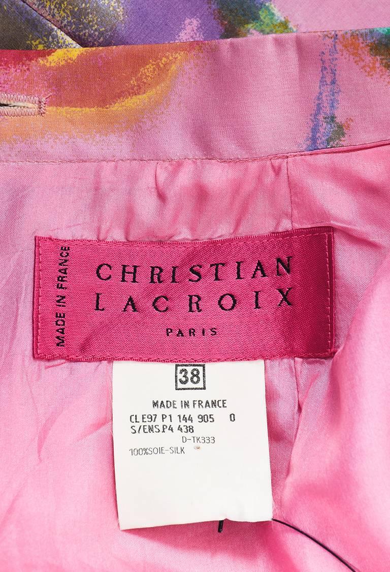 Women's VINTAGE Christian Lacroix Pink Multicolor Silk Printed Pencil Skirt SZ 38 For Sale