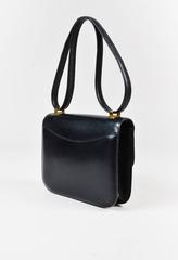 Vintage Hermes Black & Gold Tone Box Calf Leather 'H' "Constance" Flap Bag