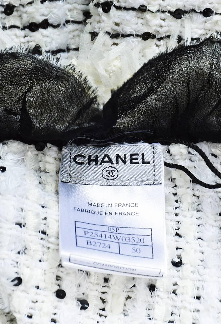 Chanel 05P Black White Cotton Blend Tweed Sequin Silk Trim LS Jacket SZ 50 In Good Condition In Chicago, IL