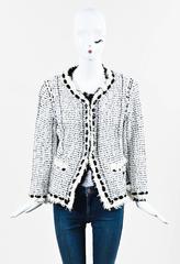 Chanel 05P Black White Cotton Blend Tweed Sequin Silk Trim LS Jacket SZ 50