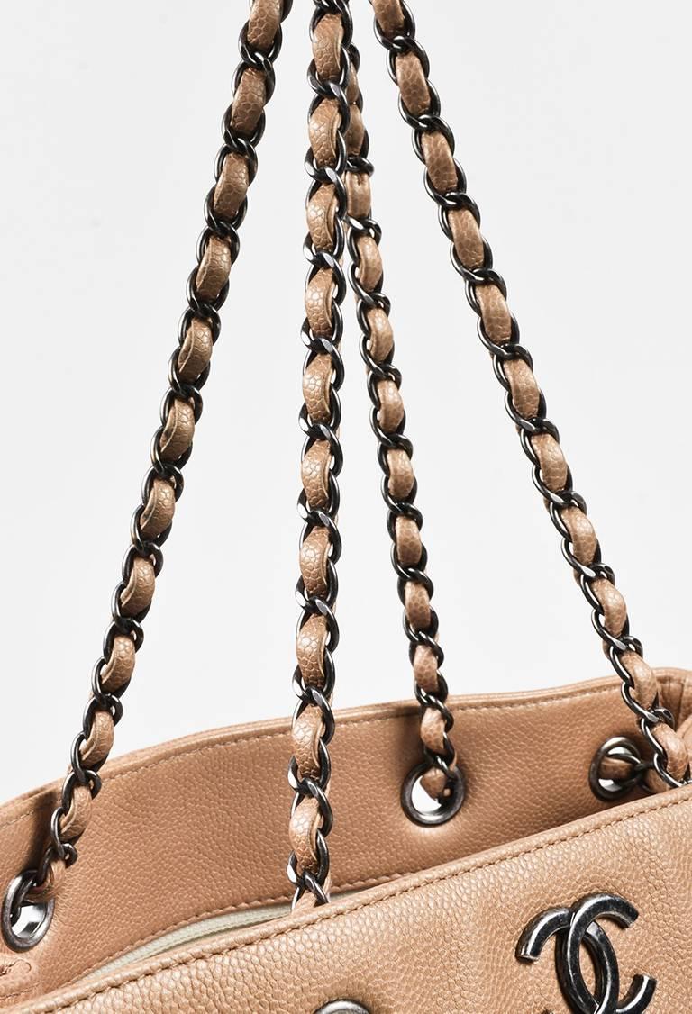 Chanel Beige Caviar Leather Quilted Trim Chain Strap 