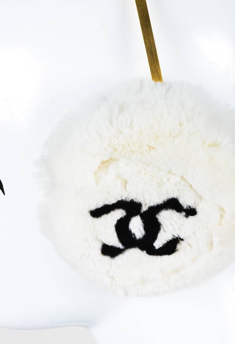  Chanel Off White Genuine Sheared Rabbit Gold Metal Faux Pearl 'CC' Earmuffs In Excellent Condition For Sale In Chicago, IL