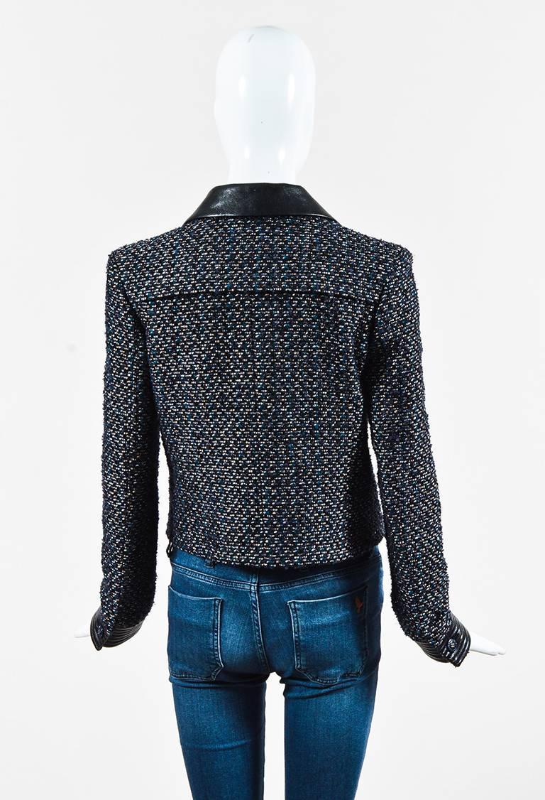 Chanel Autumn 2002 Blue Black & Metallic Tweed Lambskin Logo Button Jacket SZ 38 In Excellent Condition For Sale In Chicago, IL