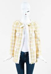 Chanel 04C Yellow Beige White Tweed Fray Trim Tie Neck Jacket SZ 36