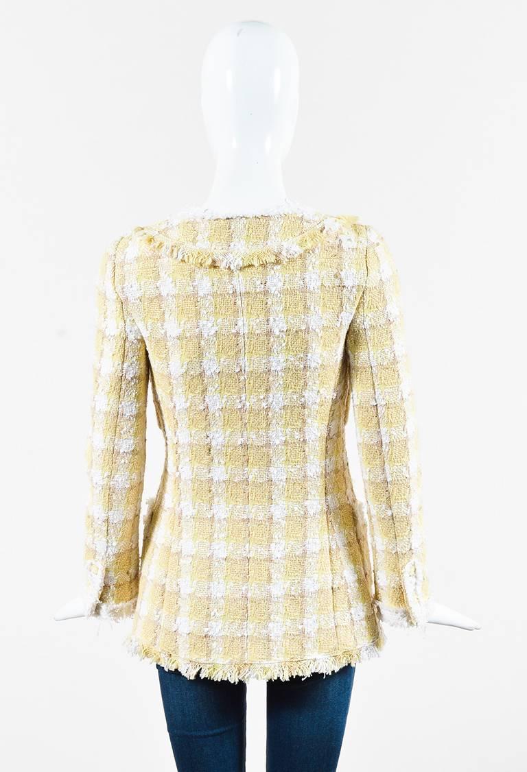 Chanel 04C Yellow Beige White Tweed Fray Trim Tie Neck Jacket SZ 36 In Good Condition For Sale In Chicago, IL