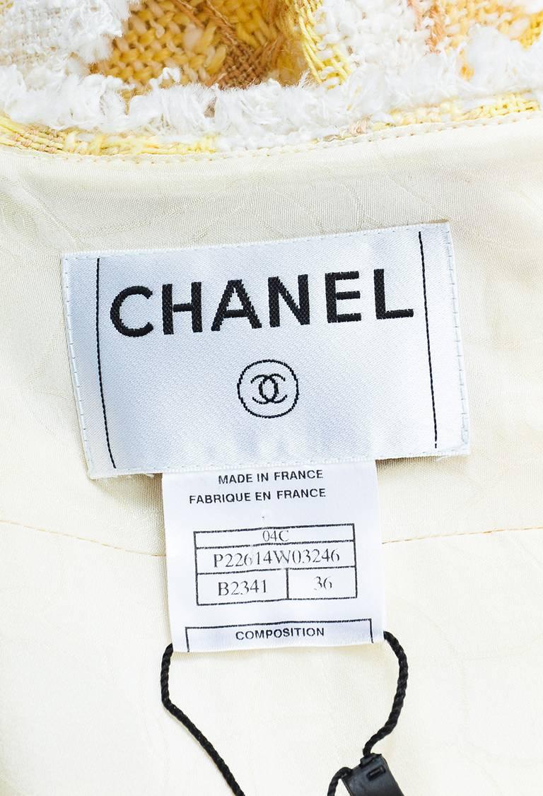 Chanel 04C Yellow Beige White Tweed Fray Trim Tie Neck Jacket SZ 36 For Sale 1