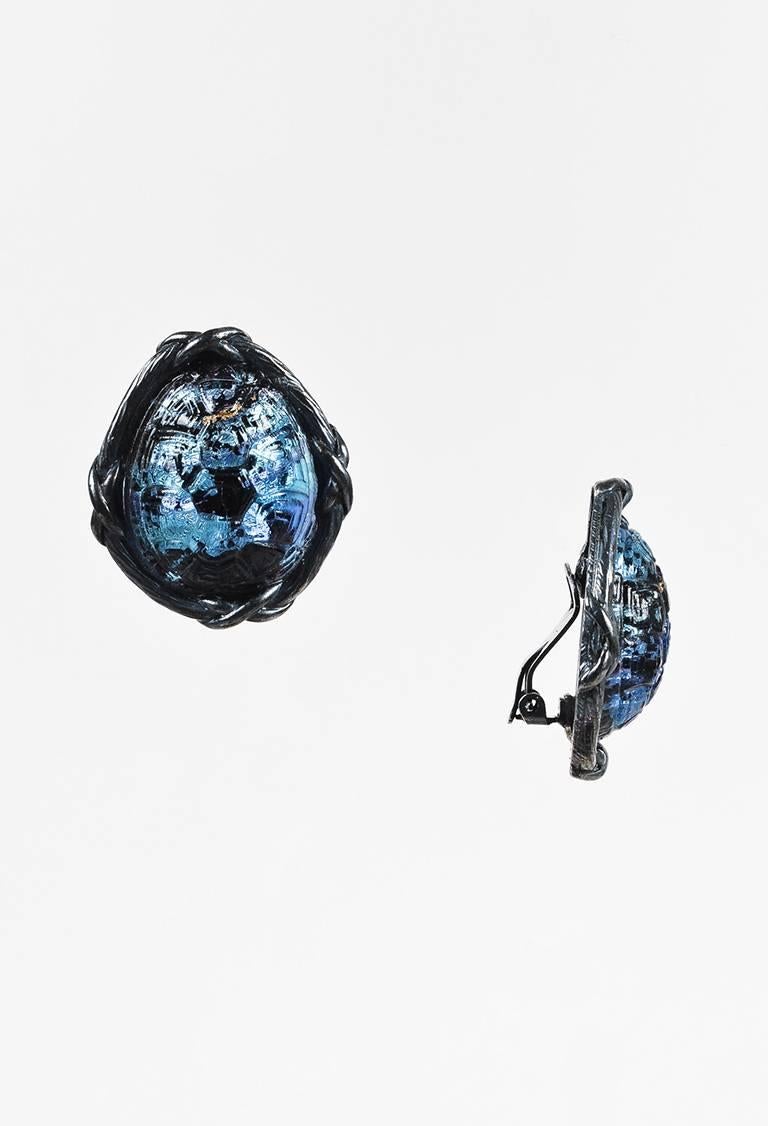 Vintage Yves Saint Laurent Rive Gauche Blue Multicolor Glass Clip On Earrings In Good Condition For Sale In Chicago, IL