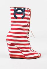 Chanel Red White Canvas Striped Peep Toe Wedge Ankle Booties SZ 40