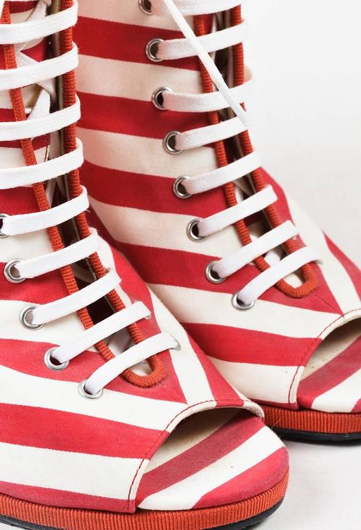 Chanel Red White Canvas Striped Peep Toe Wedge Ankle Booties SZ 40