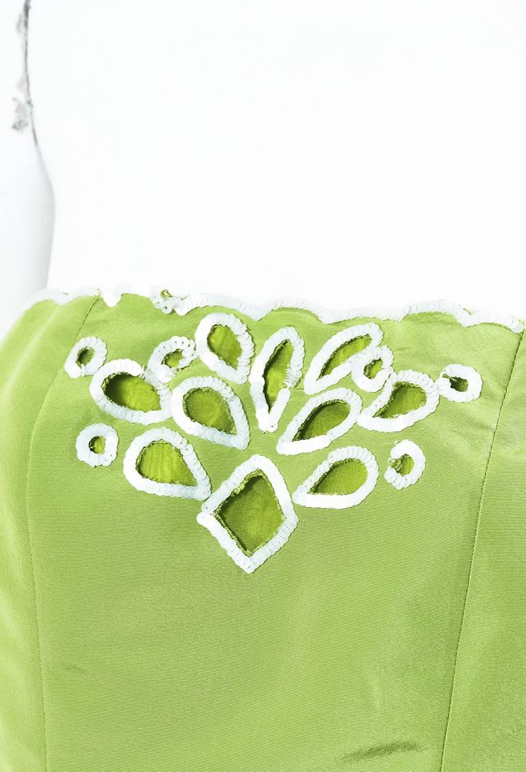 Women's Oscar de la Renta S15 Green Silk Sequined Eyelet High Low Strapless Gown SZ 2 For Sale