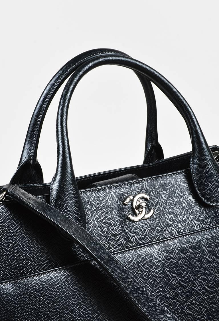 Chanel Black Grained Leather Silver Tone 'CC' 