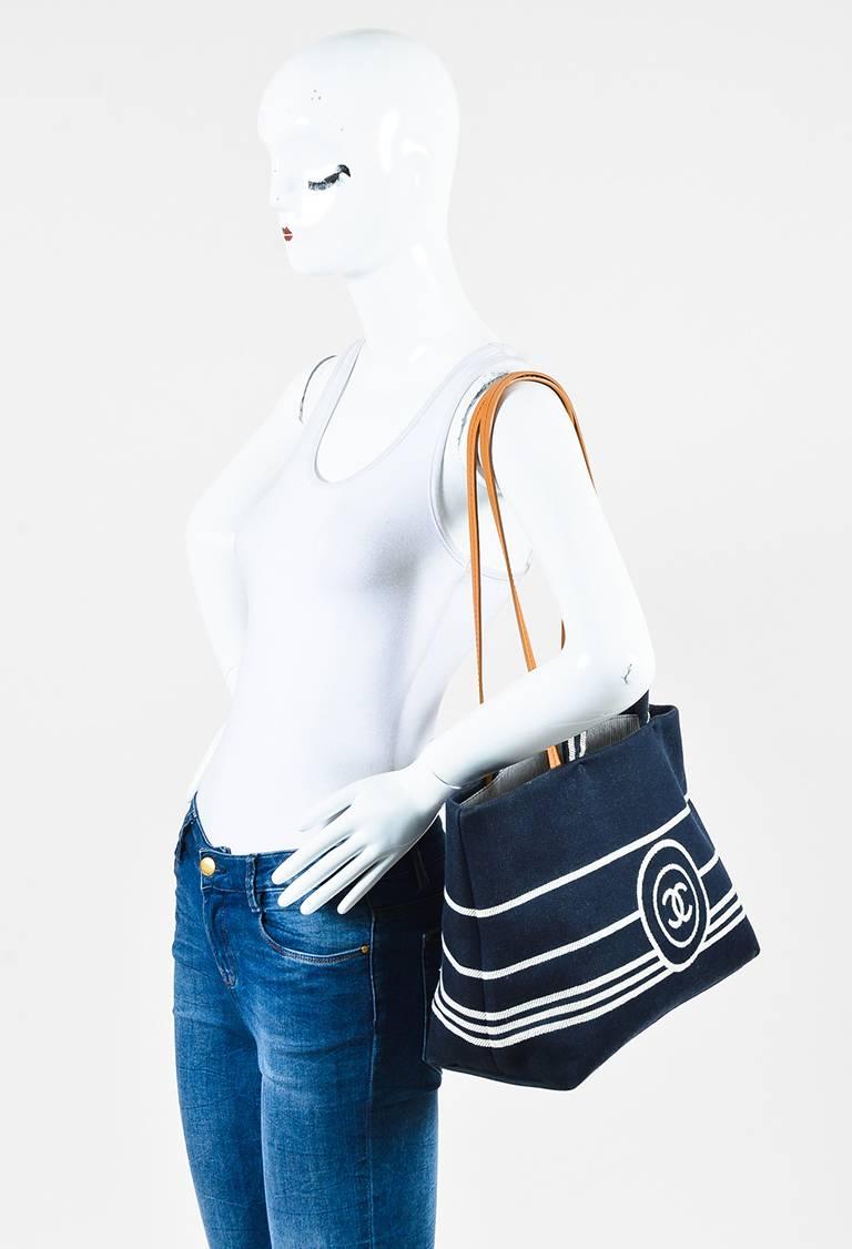 Chanel Dark Blue White Denim 'CC' Striped Shoulder Tote Bag 4