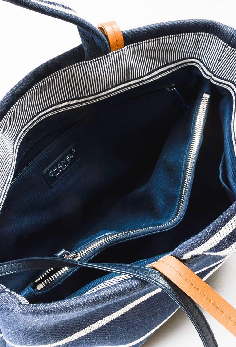 Women's Chanel Dark Blue White Denim 'CC' Striped Shoulder Tote Bag