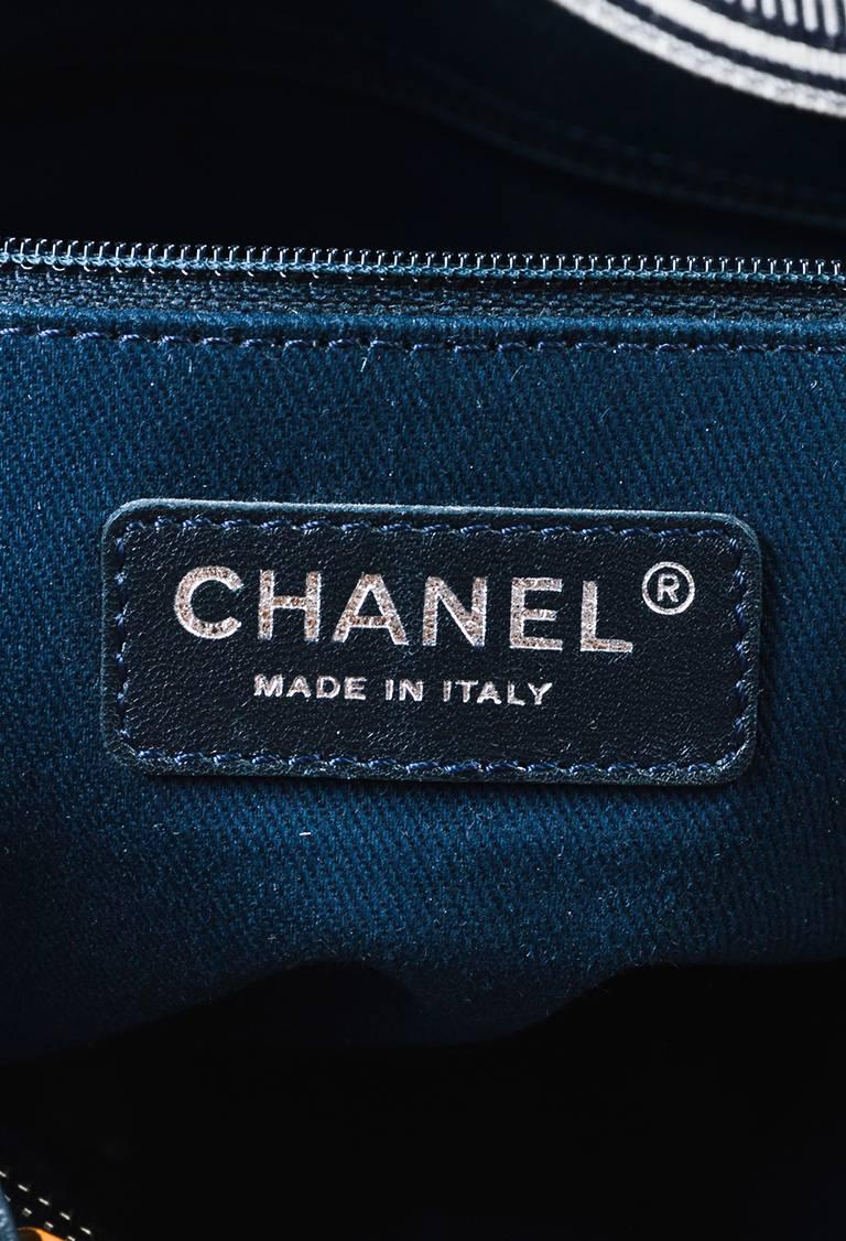 Chanel Dark Blue White Denim 'CC' Striped Shoulder Tote Bag 2