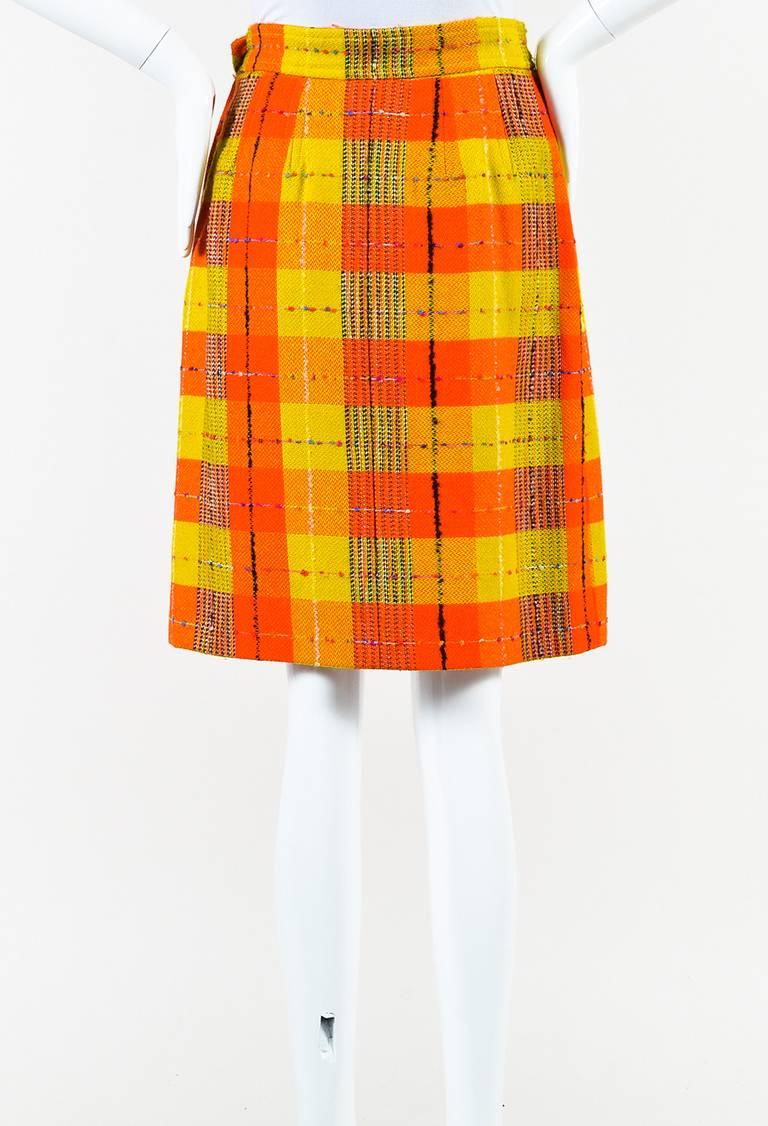 Vintage Christian Lacroix Yellow Orange Woolen Checkered Pencil Skirt SZ 40 In Excellent Condition For Sale In Chicago, IL