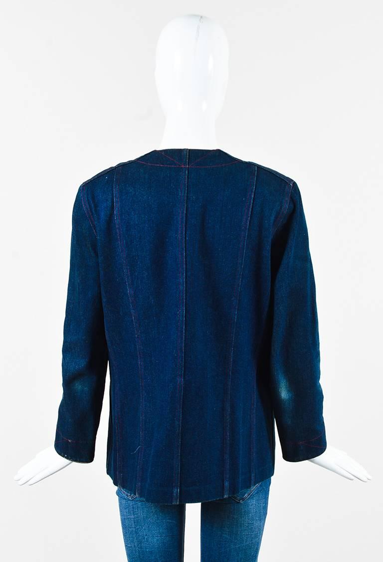 Vintage Chanel Boutique Blue & Red Denim 'CC' Button Jacket In Fair Condition For Sale In Chicago, IL