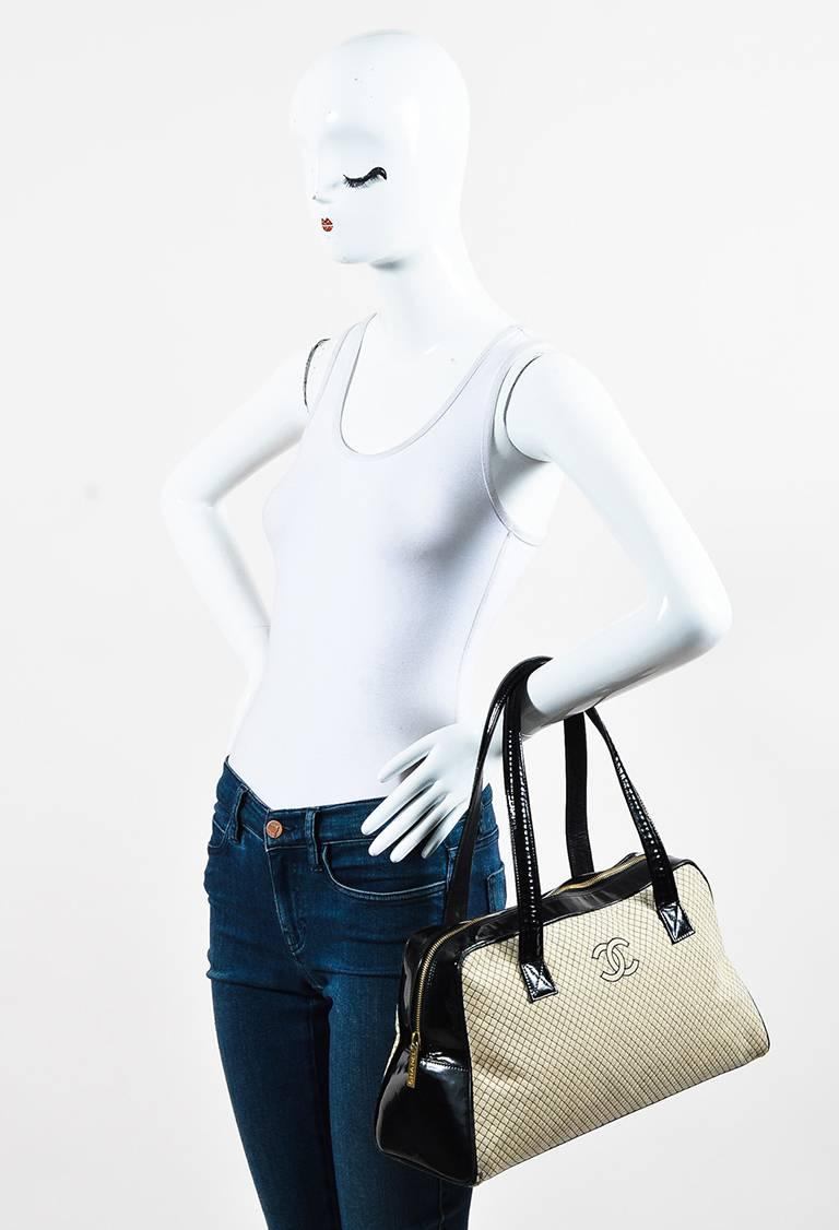 Chanel Cream & Black Patent Leather & Knit Quilted Bowler Bag For Sale 4