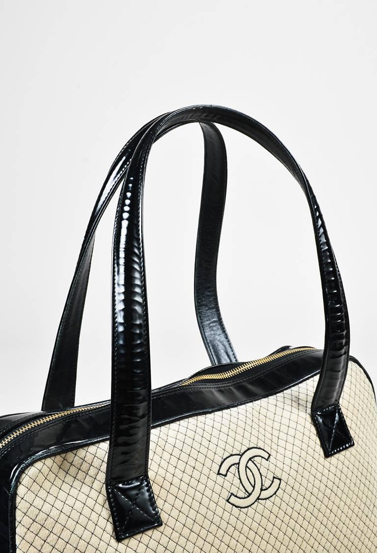 Women's Chanel Cream & Black Patent Leather & Knit Quilted Bowler Bag For Sale