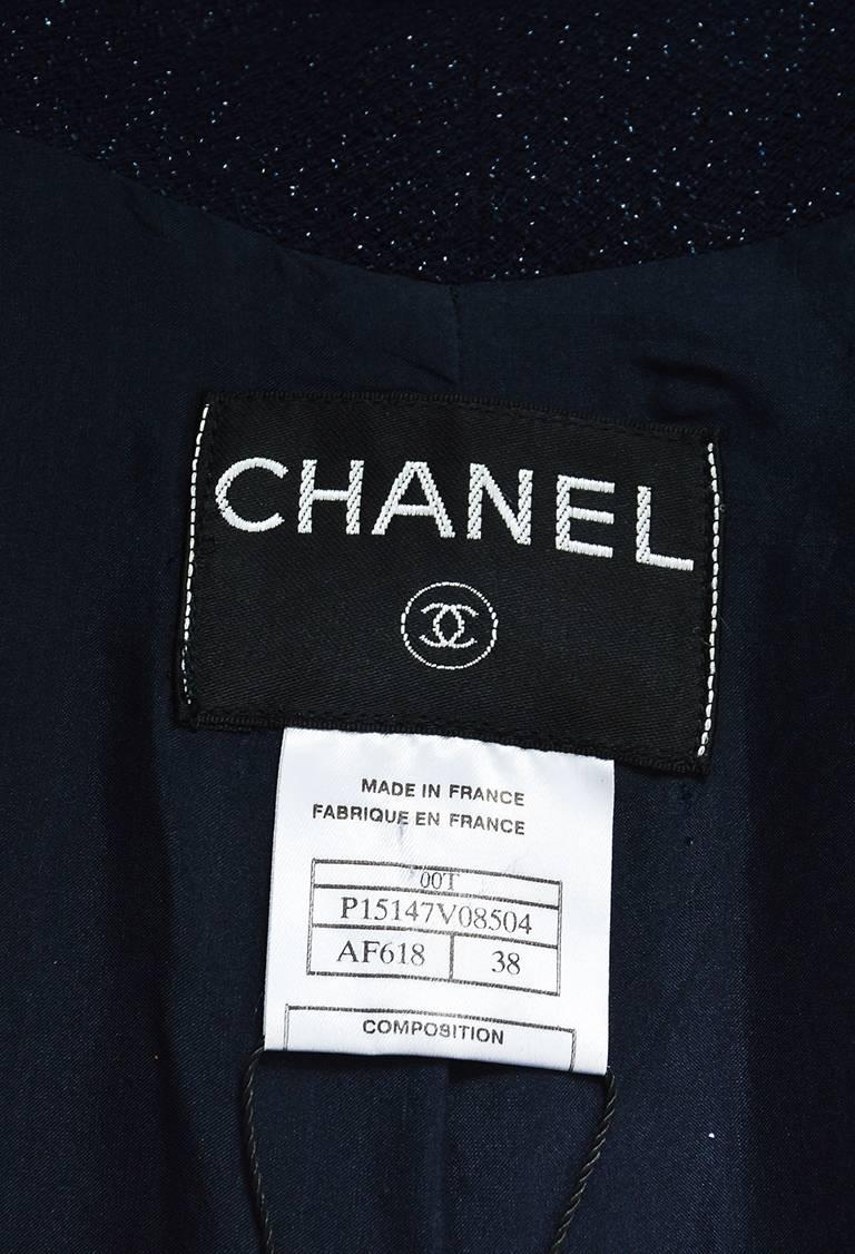 Black Chanel 00T Navy Blue Glitter Wool Blend Tweed Blazer Jacket SZ 38 For Sale