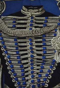 Hermes Blue Black & Gray Cashmere & Silk Printed "Brandebourgs" Shawl Scarf