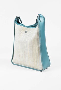 Hermes Beige Blue Jean Toile Canvas Box Calf Leather Trim "Vespa PM" Tote Bag