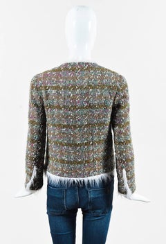 Chanel Boutique Olive Green Multicolor Tweed Wool Faux Fur Trim Jacket