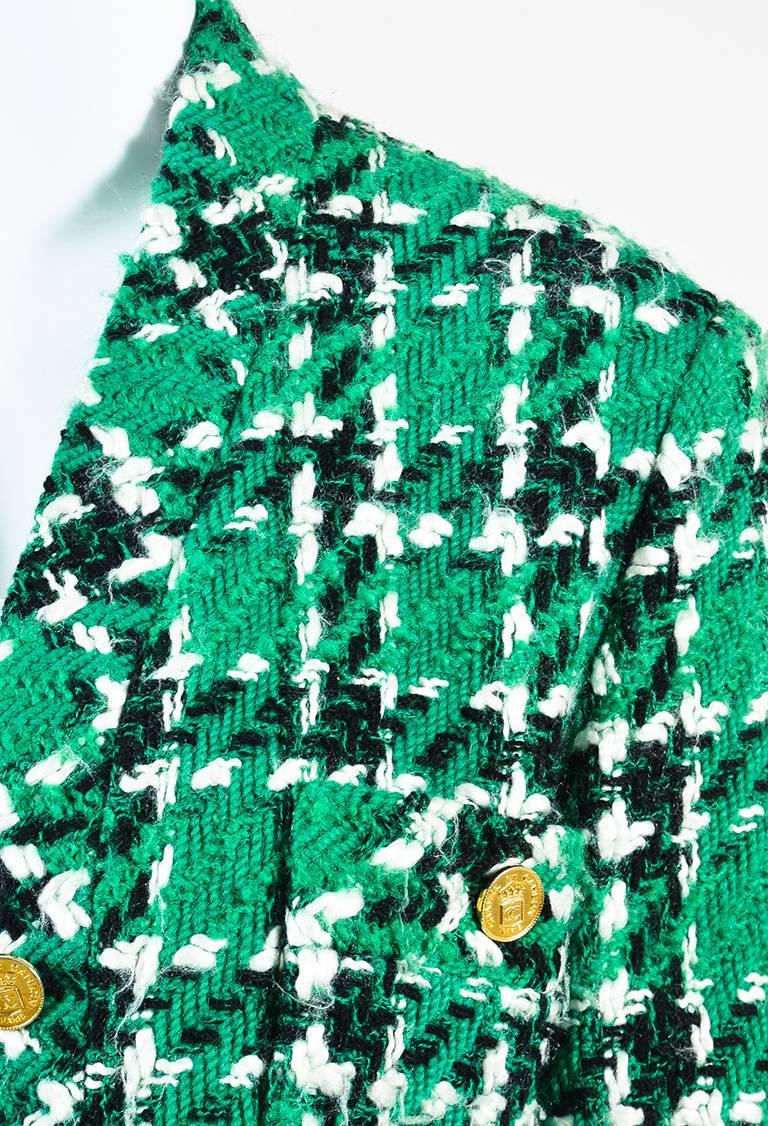 Women's Chanel Boutique Green Wool Houndstooth Tweed Blazer Jacket SZ 36 For Sale